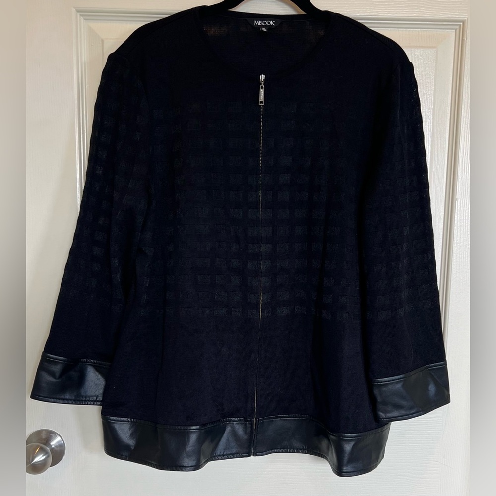 Misook XL Jacquard Knit Zip Front Jacket Faux Leather Accents